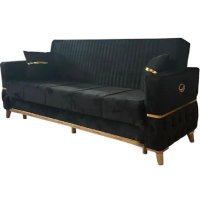 Canapea extensibila cu lada de depozitare 220x90x97 cm – stofa neagra, detalii aurii – Vegas - 1