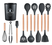 Set 12 ustensile de bucatarie Lemn/Silicon Negru - 1