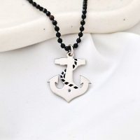 Lantisor Barbatesc cu Pandantiv Ancora – Argint 925 Rodiat, Email Negru si Diamant Negru - 1