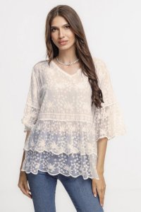 Bluza din bumbac cu volane din dantela, bej - 1