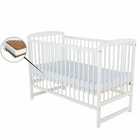 Patut BabyNeeds Ola din lemn de pin, 120x60 cm, alb, saltea reglabila pe 3 niveluri si saltea Cocos Confort de 10 cm - 1