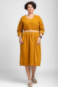 Rochie midi A-line din catifea reiata, cu curea, mustar - 1