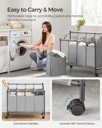Organizator cu roti pentru baie, Songmics, 4 x 35L, 87.5 x 38.5 x 67 cm, LSF005, Gri - 5