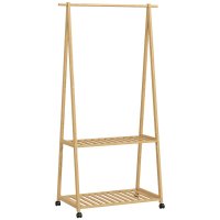 Cuier Mobil HOMCOM din Bambus cu Raft pentru Încălțăminte si 2 Cârlige, Design Natural - 1