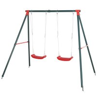 Outsunny Leagăn Dublu pentru Copii 3+ Ani cu Structură Metalică, Leagăn de Grădină cu Coardă Reglabilă, Max 45 kg, 239x156x180 cm, Verde/Roșu | Aosom Romania - 1