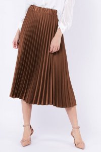 Fusta midi plisata din satin camel - 1