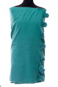 Esarfa din cashmere turcoaz cu ciucuri din blana naturala - 1