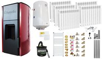 Pachet Termosemineu peleti Fornello Royal Bordeaux 25 kw, complet echipat, pompa circulatie, vas expansiune, automatizare, Calorifere aluminiu, Boiler, kit evacuare 3.5 ml, Aspirator Cenusa, Termostat Salus 091FLRFV2 si Fitinguri - 1