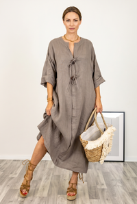 Rochie oversize din in cu nasturi pe piept, nuanta bej inchis - 1