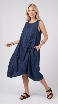 Rochie midi din denim inchis cu detalii fronsate - 1