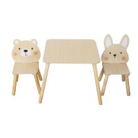 Set masuta si 2 scaunele cu spatar pentru copii din material MDF Moni Bear and Bunny Beige - 1