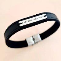 Bratara barbateasca cu piele eleganta neagra - Placuta cu text personalizat - Argint 925 - Inchizatoare clips inox - 1