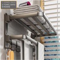 Suport prosoape baie rabatabil Brivoo 40 cm, inox gri, 1 bara + 5 carlige, montaj cu ventuze, rezistent la rugina - 2