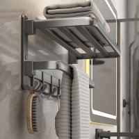 Suport prosoape baie rabatabil Brivoo 40 cm, inox gri, 1 bara + 5 carlige, montaj cu ventuze, rezistent la rugina - 5