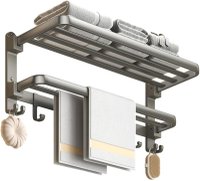 Suport prosoape baie rabatabil Brivoo 40 cm, inox gri, 1 bara + 5 carlige, montaj cu ventuze, rezistent la rugina - 1