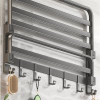 Suport prosoape baie rabatabil Brivoo 40 cm, inox gri, 1 bara + 5 carlige, montaj cu ventuze, rezistent la rugina - 4