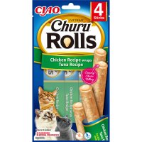INABA Churu Rolls, Pui și Ton, punguță recompense fără cereale pisici, semimoist, 40g - 2