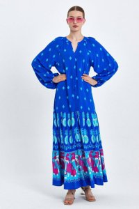 Rochie-camasa din vascoza, cu imprimeu pe fond albastru - 1