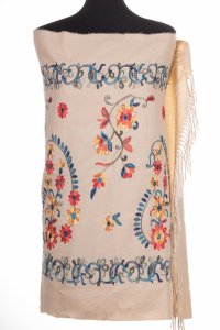 Esarfa cashmere cu model floral brodat pe fond bej deschis - 1