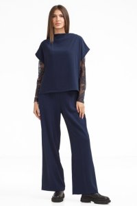 Compleu elegant pentru femei cu bluza si pantaloni drepti, nuanta bleumarin - 1