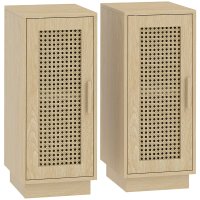 HOMCOM set 2 noptiere boeme din lemn natural, cu usa din rasina impletita si polita reglabila, 25 x 30 x 60 cm - 1
