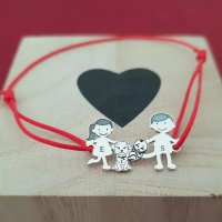 Bratara Familie 4 membri - copii, caine si bebe - Argint 925, snur rosu - 1