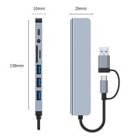 Adaptor Hub USB-C 3.1 Multiport 8-in-2 Staryon® - 3.5 mm Jack Audio, Card Reader, Gri - 3