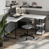 Birou de colt L 140x147,8 cm cu rafturi integrate si cadru metalic pentru birou si home office - 1