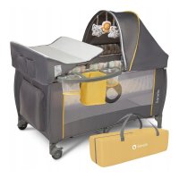 Patut pliant Lionelo Sven Plus Yellow Scandi cu doua nivele, cu arcada jucarii, masuta de infasat, vibratii, melodii  conform cu standardele europeane de securitate EN716 si EN12221 - 11