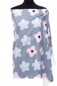 Esarfa din casmir cu imprimeu floral roz si bleu pe fundal deschis - 1
