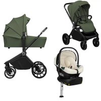 Carucior Multifunctional 4 in 1 Lionelo Mika Plus cu Scoica Auto Testata ADAC Beige Cream + Baza Isofix Rotativa 180 Grade, Reversibil, Pana la 22 kg, Green Olive - 1
