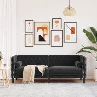 Canapea Chesterfield cu pernute/3 locuri, negru, catifea - 3