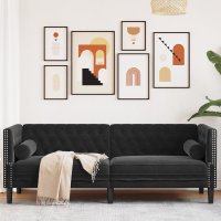 Canapea Chesterfield cu pernute/3 locuri, negru, catifea - 2