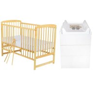 Set mobilier pentru copii, Babyneeds: Patut din lemn de pin, cu somiera reglabila in 3 trepte, Ola, 120x60 cm + Saltea cocos-burete-cocos, 8 cm + Comoda cu masuta de infasat, Alb/Natur - 1