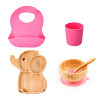 Set diversificare pentru copii Oaki castron si farfurie elefant din bambus cu lingurita, pahar si baveta roz - 1
