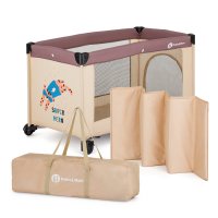 Patut pliant, Petite&Mars, Koot, 120 x 60 cm, Cu roti, Functie de tarc, Pliere compacta, Include geanta de transport, Intrare laterala cu fermoar, Pereti din plasa, Pana la 15 kg, 0-30 luni, Maro - 1