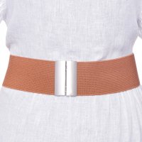 Curea elastica camel de 6 cm latime cu catarama metalica argintie - 1