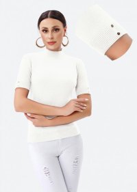 Pulover alb cu maneca scurta si guler scurt, decorat cu nasturei metalici - 1