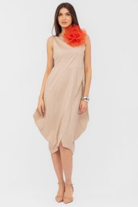Rochie bej din poplin de bumbac cu design petrecut si colturi laterale - 1