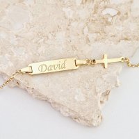 Bratara bebe - Placuta cu nume - Simbol cruciulita si lantisor - Argint 925 placat cu Aur Galben 18K - 1