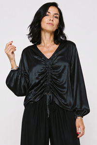 Bluza dama eleganta din satin de matase si vascoza cu fronseu reglabil - neagra - 1