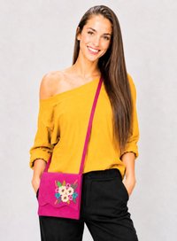 Geanta crossbody din piele naturala fuchsia cu flori colorate, handmade - 1