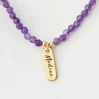 Lantisor Name Plate - Pietre Ametist & Pandantiv Placuta cu Nume - Argint placat cu Aur Galben 18K - 1