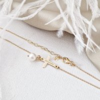 Bratara cruce cu picatura de Perla - Model cu lantisor elegant - Aur Galben 14K - 1