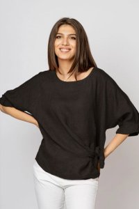 Bluza din in gri inchis masura mare cu nod pe talie - 1