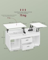 Masa de cafea extensibila Vasagle Alb 100x50x48.5 cm - 3