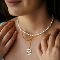 Colier cu perle rice albe si pandantiv lebada aurie, Argint 925 placat cu Aur Galben 18K - 1