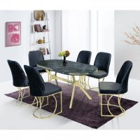 Set TIMARA, masa cu 6 scaune, ovala, 6 persoane, marmura lotus + auriu + negru, 160x80 cm - 1