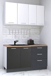 Set de Bucatarie GERMANIA 140 cm, 4 Corpuri cu 3 Sertare, Blat Gros Antracit si Alb - 1