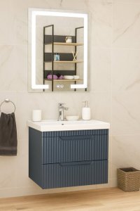 Set Baza front MDF cu Lavoar si Oglinda cu iluminare LED, seria 733, suspendata, cu sertare, montat, 60 cm, antracit - 1